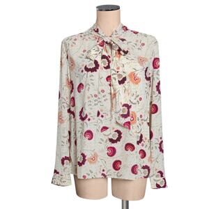 CALVIN KLEIN Keyhole Floral Tie Neck Peach Red White Blouse Shirt Top S M
